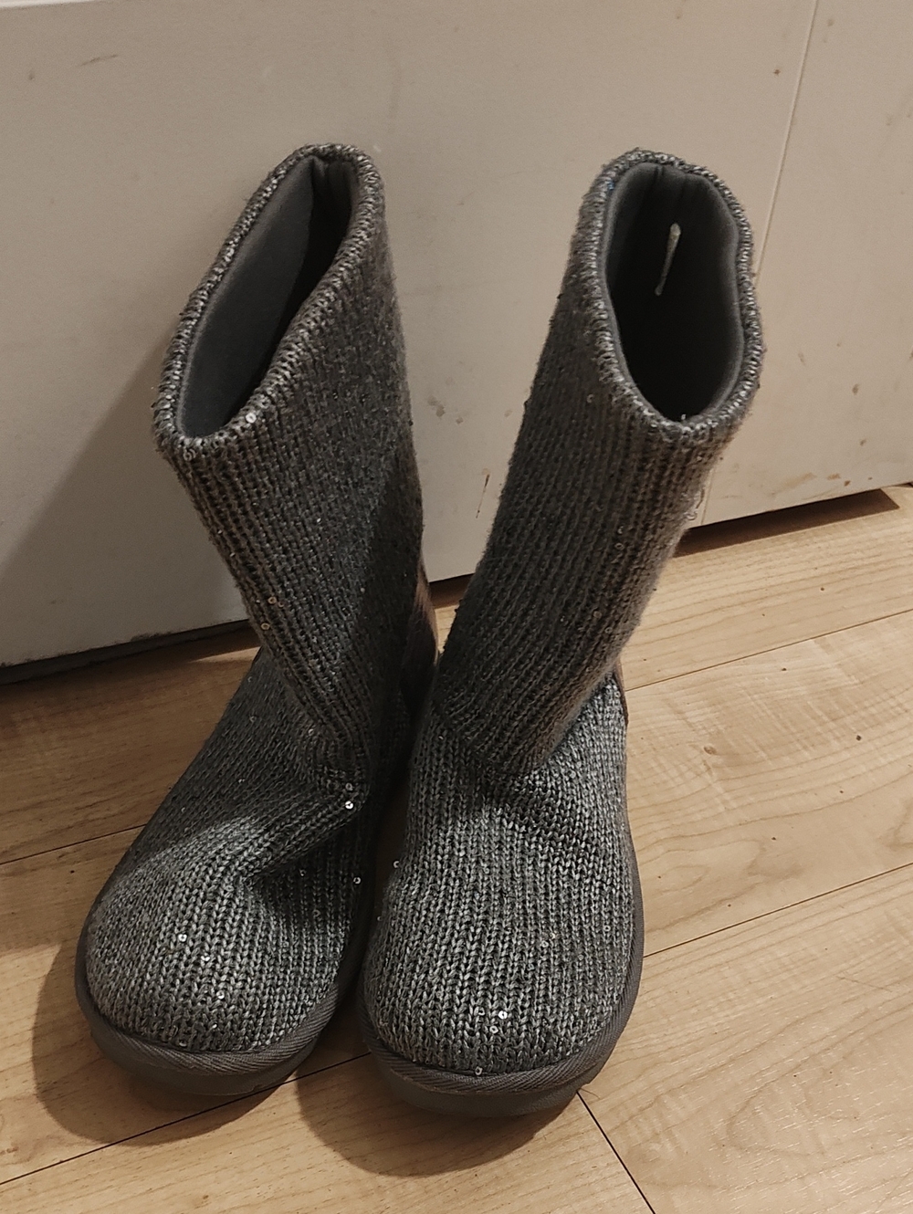 Women's Knit Mid-Calf Heeled Boots in Gray with Subtle Sparkle